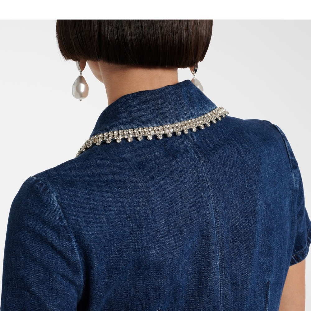 Self-Portrait Dark Blue Denim Mini Dress with Pearl Trim - Picture 2 of 6